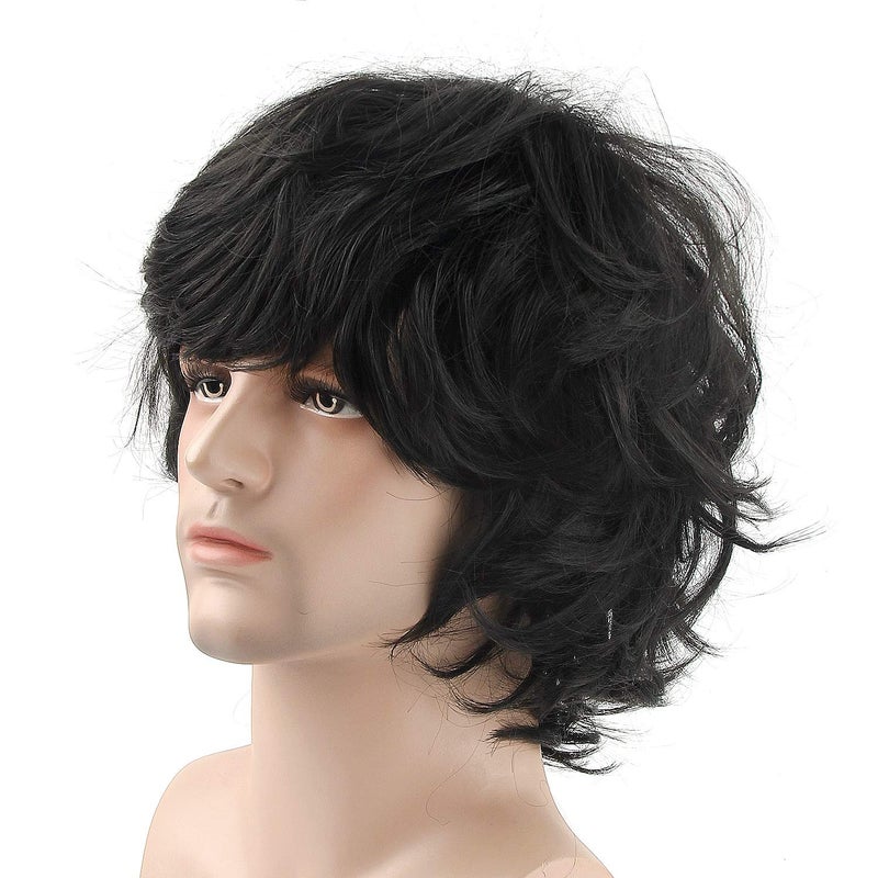 Acecharming Men Black Wig, Short Wavy Shaggy Style Layered Wig for Halloween Costumes Cosplay with Wig Cap - Image 3